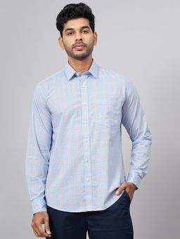 Greenfibre - Light Blue Cotton Checked Semi Casual Shirt - Regular Fit