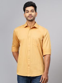 Greenfibre - Mustard Yellow Cotton Solid Semi Casual Shirt - Regular Fit