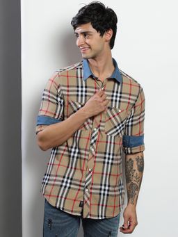 VUDU - Beige Checked Shirt with Red Accents
