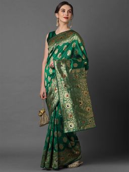Odette - Green Wedding Silk Blend Woven Design Saree with Unstitched Blouse