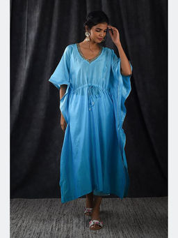 Khushboo & Pankaj - Sky Blue Chanderi Embroidered Kaftan (Set of 2)