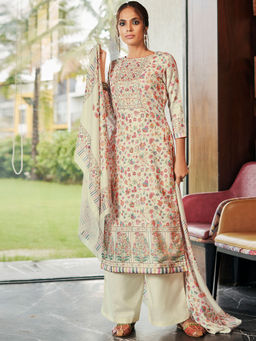 Stylee LIFESTYLE - Cream Pashmina Printed Unstitched Dress Material (Set of 3)