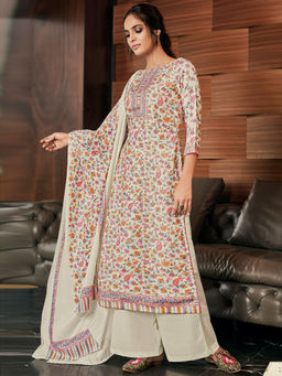 Stylee LIFESTYLE - Cream Pashmina Printed Unstitched Dress Material (Set of 3)