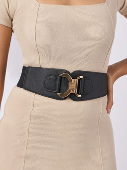 Twenty Dresses by Nykaa Fashion - Black Solid Broad Golden Buckle Elastic Waist Belt