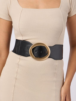 Twenty Dresses by Nykaa Fashion - Black Solid Oval Gold Buckle Waist Belt