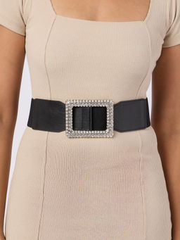 Twenty Dresses by Nykaa Fashion - Black Solid Rhinestone Embellished Broad Waist Belt