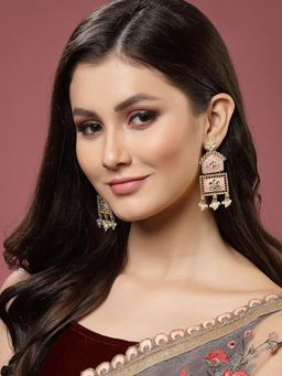 PANASH - Pink Gold Plated Kundan Stone Meenakari Drop Earrings