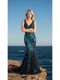NIYARA INDIA - Aeva Luxe Embellished Black Peacock Mermaid Gown