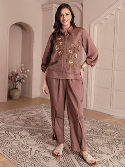 House of Tushaom - Chocolate Brown Shirt with Layered Organza Co-Ord Set