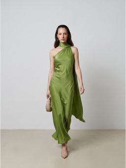 NIYARA INDIA - Celine Green Asymmetric Gown with High-Neck Scarf