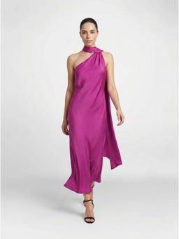 NIYARA INDIA - Celine Fuchsia Pink Asymmetric Gown with High-Neck Scarf Detail
