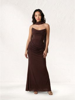 NIYARA INDIA - Freya Chocolate Brown Draped Corset Gown with Chiffon Scarf