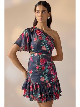 Ewoke - Navy Blue Almost Spring Floral Print Mini Dress