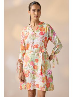 Ewoke - Gridbloom Shift Floral Printed Dress with Belt