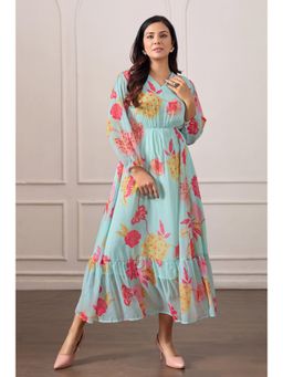 NIKATT - Women'S Mint Green Floral Print V-Neck Midi Dress