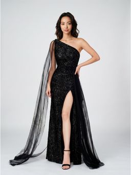 NIYARA INDIA - Noir Eclipse One-Shoulder Black Velvet Sequin Gown