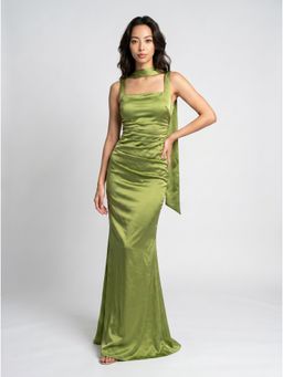 NIYARA INDIA - Nyra Green Ruched Satin Gown with Detachable Choker Scarf