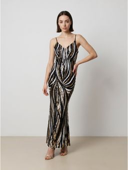 NIYARA INDIA - Zivya Black and Gold Tiger Stripe Sequin Gown