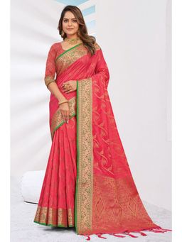 Sangam Prints - Pink Woven Work Traditional Tassels Saree with Unstitched Blouse