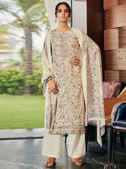 Stylee LIFESTYLE - Cream Pashmina Printed Unstitched Dress Material (Set of 3)