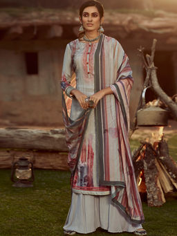 Stylee LIFESTYLE - Grey Pure Pashmina Printed Unstitched Dress Material (Set of 3)