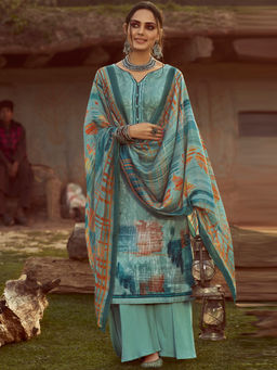 Stylee LIFESTYLE - Turquoise Pure Pashmina Printed Unstitched Dress Material (Set of 3)