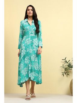 Biba - Womens Cyan Turqouise Floral Printed Shirt Style A-Line Dress
