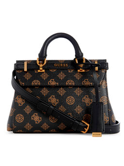 Guess - Women Black Printed Satchel Bag With Zip Closure With Detachable Strap
