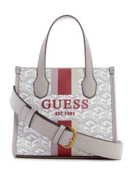 Guess - Women Grey Printed Handheld Bag With Magnetic Button Closure With Detachable Strap