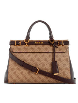 Guess - Women Beige Printed Satchel Bag With Zip Closure With Detachable Strap