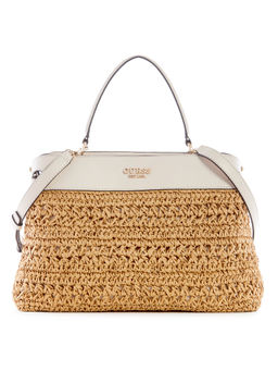 Guess - Women Beige Self-Design Satchel Bag With Magnetic Button Closure With Detachable Strap