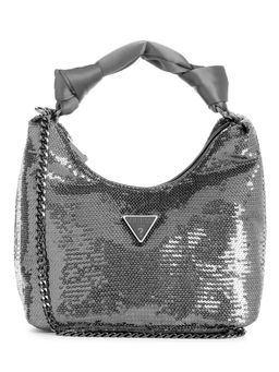 Guess - Women Grey Embellished Hobo Bag With Zip Closure With Detachable Strap
