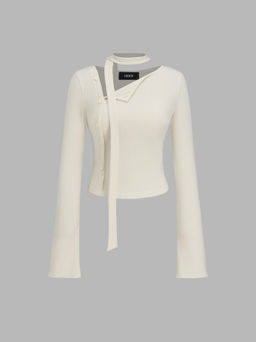 Cider - Asymmetrical Neck Solid Button Long Sleeve Top With Scarf
