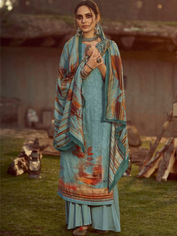 Stylee LIFESTYLE - Aqua Blue Pure Pashmina Printed Unstitched Dress Material (Set of 3)