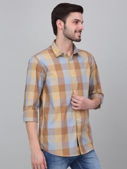 Cantabil - Men Beige Checkered Full Sleeves Casual Shirt