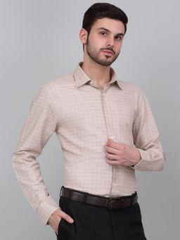 Cantabil - Men Beige Checkered Full Sleeves Formal Shirt
