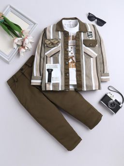 FOURFOLDS - Boys Olive Green Cotton Blend Striped Co-Ord Set