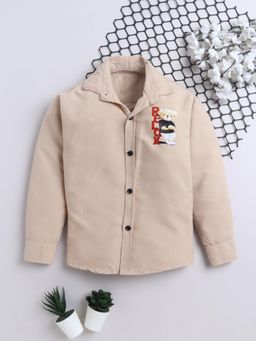 FOURFOLDS - Boys Beige Cotton Blend 3D Placement Printed Shirt