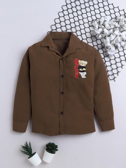 FOURFOLDS - Boys Brown Cotton Blend 3D Placement Printed Shirt