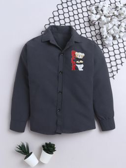 FOURFOLDS - Boys Charcoal Grey Cotton Blend 3D Placement Printed Shirt