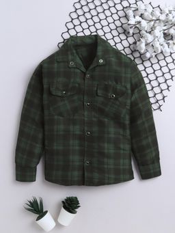 FOURFOLDS - Boys Dark Green and Black Cotton Blend Checked Shirt