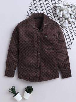 FOURFOLDS - Boys Brown Cotton Blend Geometric Printed Shirt