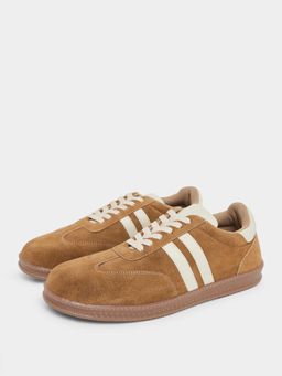 Styli - Men Tan Faux Suede Low-Top Lace-Up Sneakers