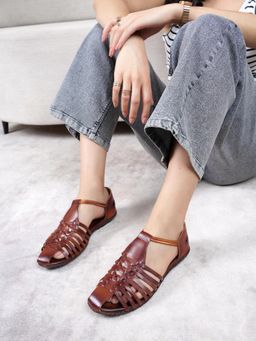 Dollphin - Women Leather Slip On Sandals - Brown
