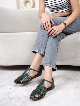 Dollphin - Women Leather Slip On Sandals - Green