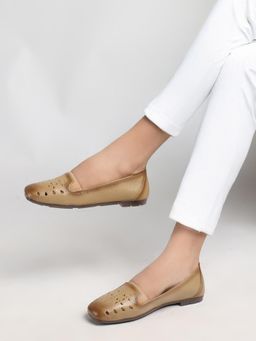 Dollphin - Leather Women T-Shape Laser Cut Formal Ballerinas - Beige