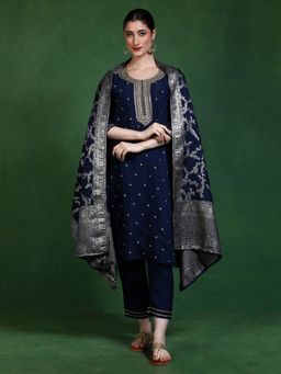 Jaipur Kurti - Women Navy Blue Embroidered Kurta with Pant and Dupatta (Set of 3)
