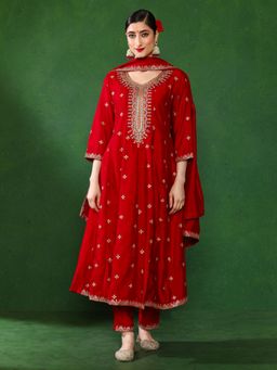 Jaipur Kurti - Women Red Embroidered Kurta with Pant and Dupatta (Set of 3)