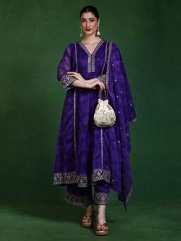 Jaipur Kurti - Women Purple Embroidered Kurta with Pant and Dupatta (Set of 3)