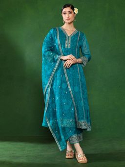 Jaipur Kurti - Women Aqua Embroidered Kurta with Pant and Dupatta (Set of 3)